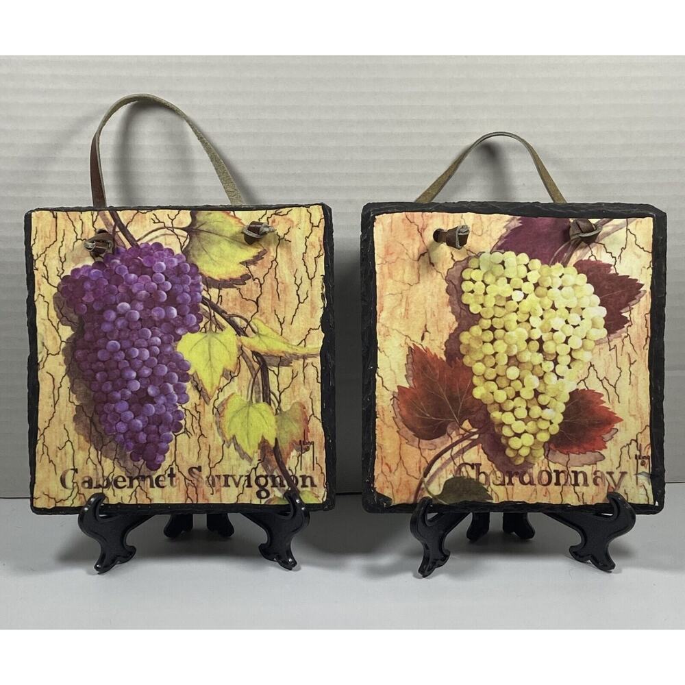 2 Artist Palette Wine Grapes Slate Wall Plaques Evergreen Hand Crafted
